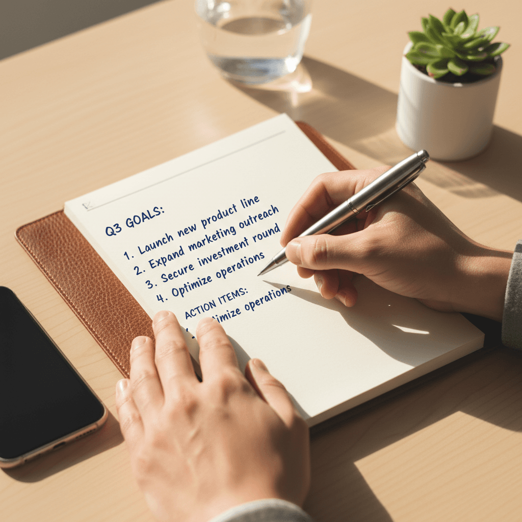 Overhead shot of hands writing business goals and action items in leather notebook with premium pen during planning session