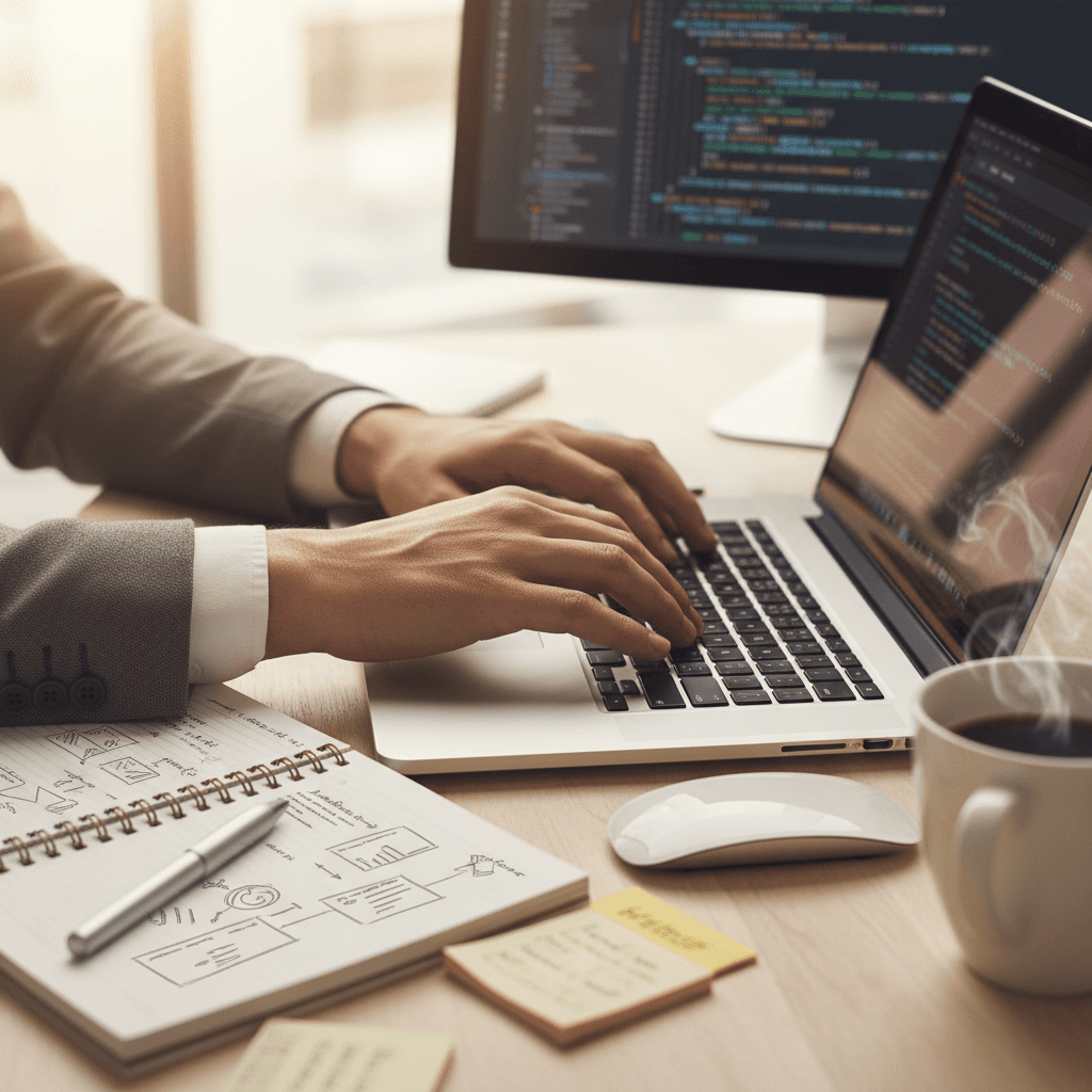 Professional hands typing on laptop keyboard during focused technology learning session at sunlit workspace
