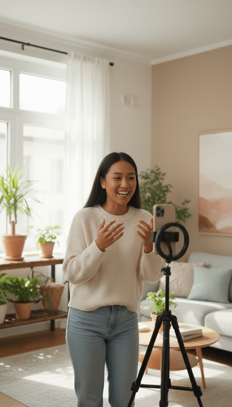 Young content creator filming video with smartphone on tripod in bright apartment with ring light and natural window lighting