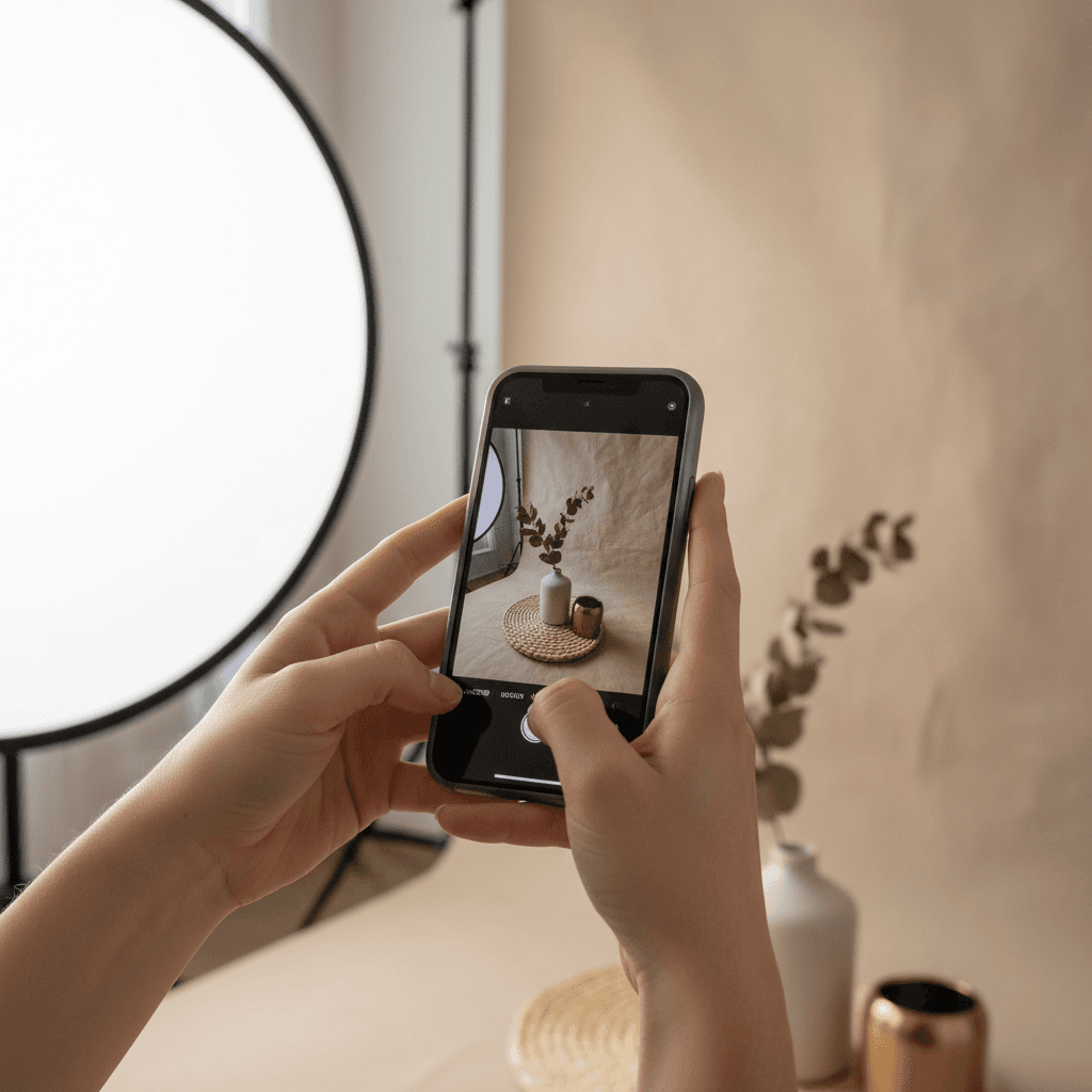 Content creator photographing a styled product setup with smartphone in modern studio lighting environment
