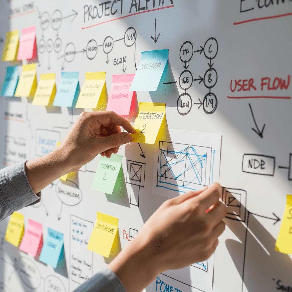 Designer's hands arranging colorful sticky notes and sketches on whiteboard wall during collaborative brainstorming session