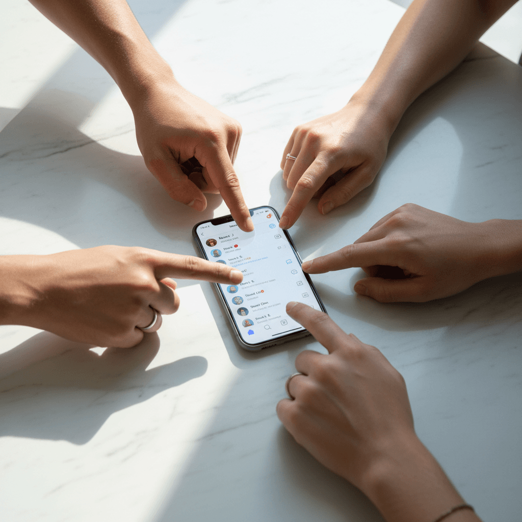 Diverse hands gathered around smartphone displaying social networking interface with profiles and messages