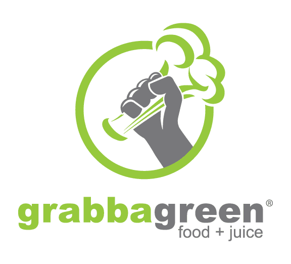 Grabbagreen logo featuring a gray fist holding a green leafy vegetable in a green circle.