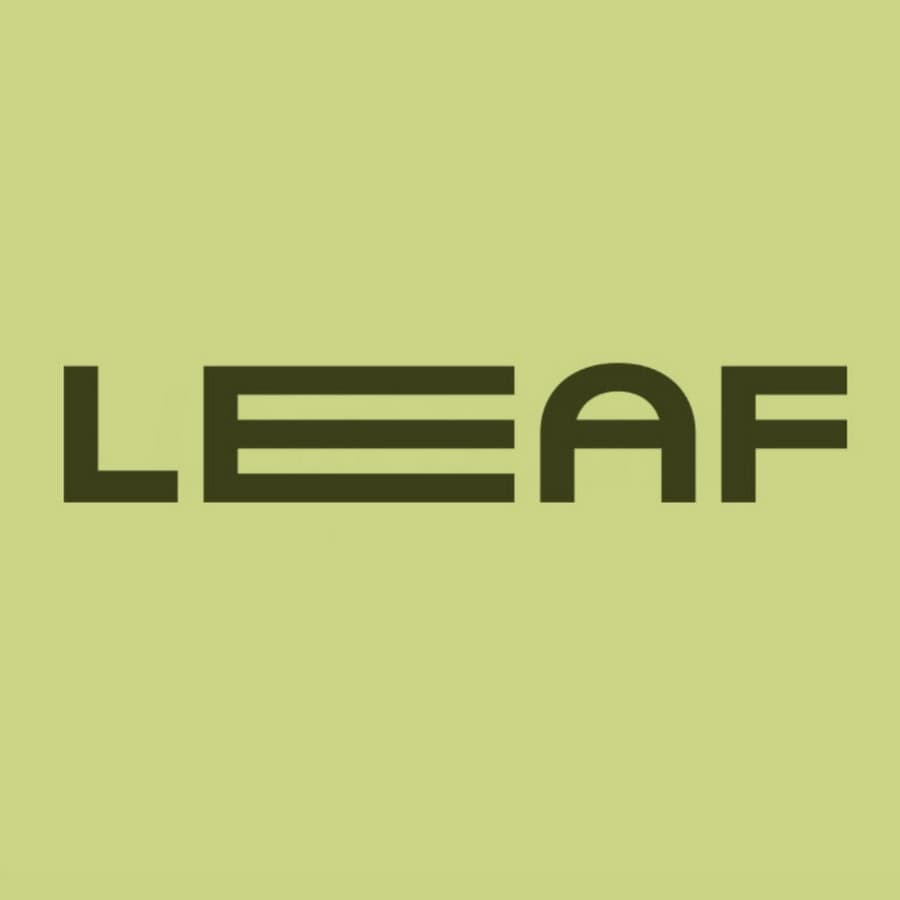 Bold dark green text spelling LEAF in a modern blocky font against light green.