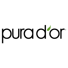 Pura d'or logo in black lowercase letters with a small green leaf accent.