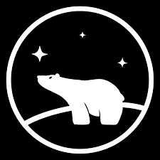 White polar bear silhouette on a curved horizon under three stars within a circular frame.